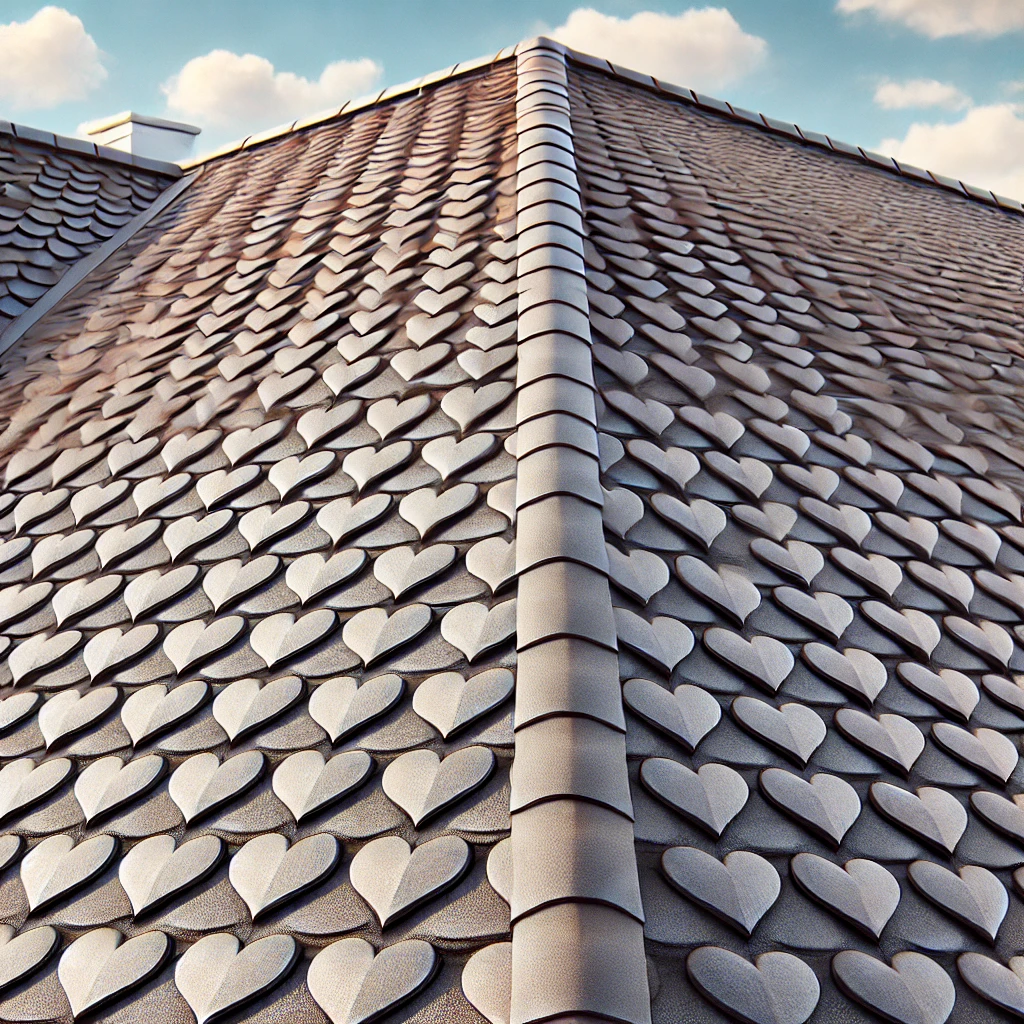 a house roof covered in flat, heart-shaped shingles. Each shingle is a distinct heart cutout, arranged in an overlapping pattern