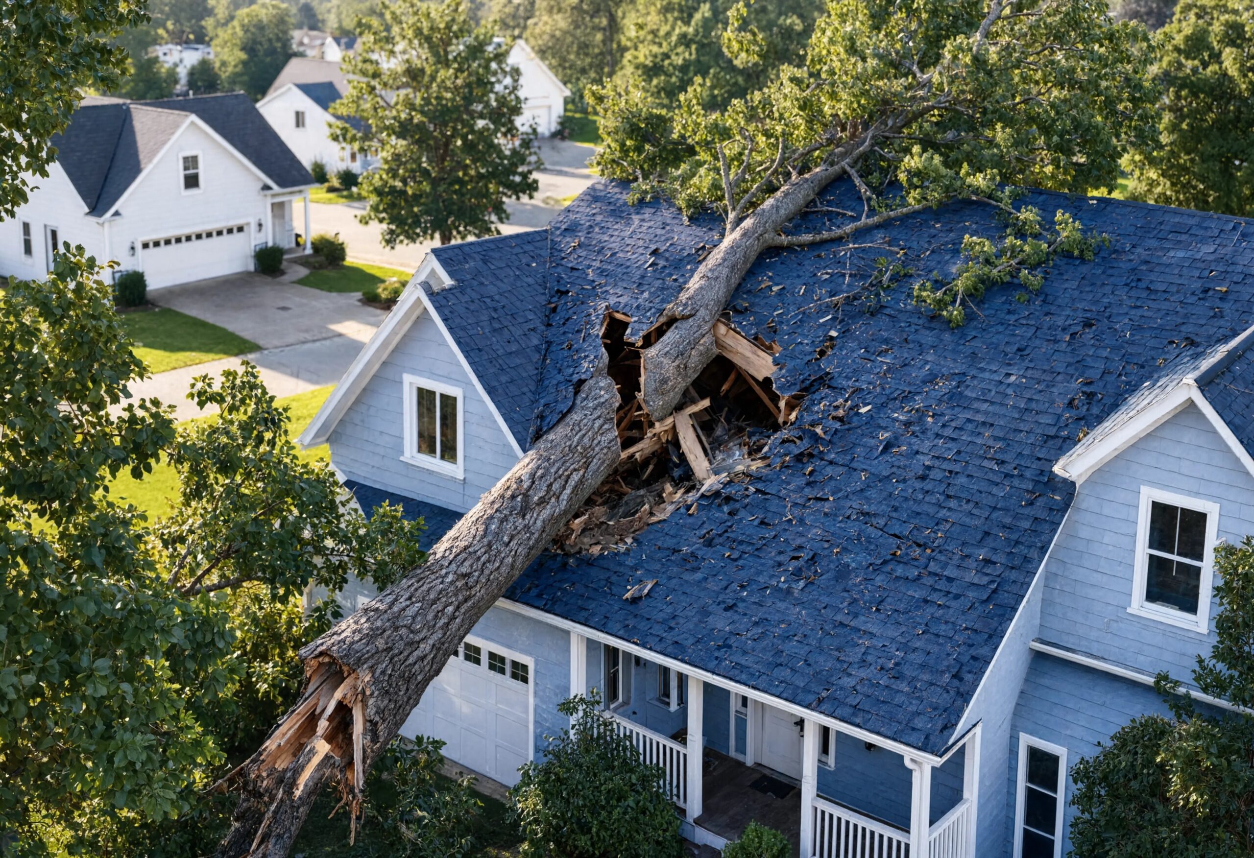 Large fallen tree crushing residential roof with broken shingles after severe storm, highlighting emergency damage, structural risk, insurance claims, roofing repair, and disaster recovery.
